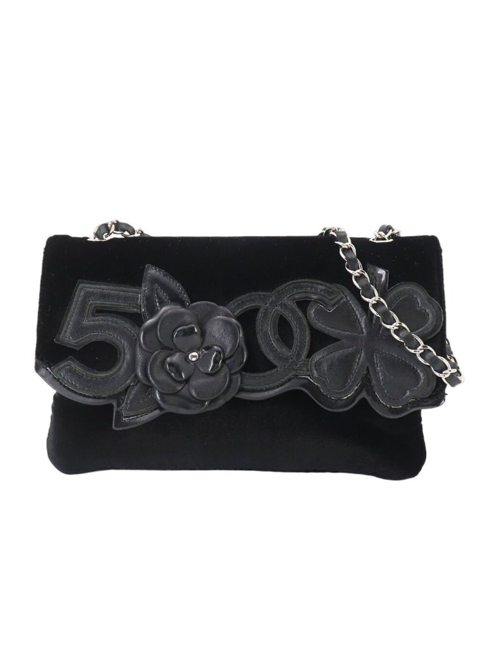 Chanel Icon Chain Shoulder Bag Velour Leather Black Vintage Silver